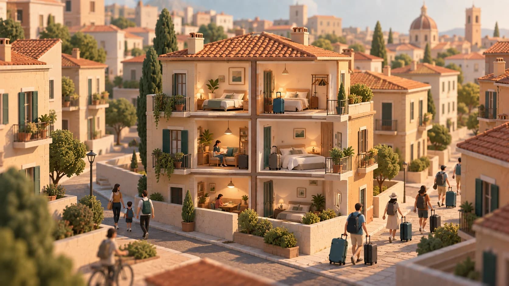Una porzione di città mostra residenti e viaggiatori che utilizzano gli stessi edifici in modi diversi, rappresentando la competizione tra domanda abitativa e affitti brevi nelle aree dove le case disponibili sono limitate.