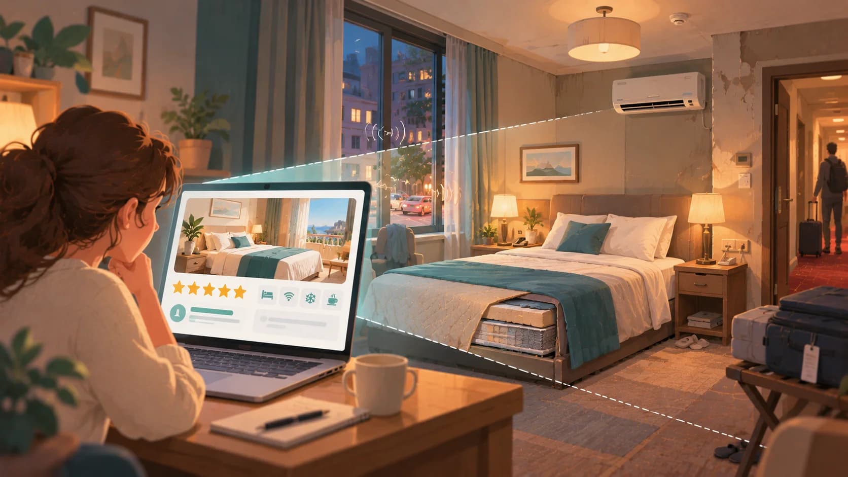 Una futura ospite confronta online una camera d'hotel con una realtà più ricca di dettagli di quelli visibili prima della prenotazione.