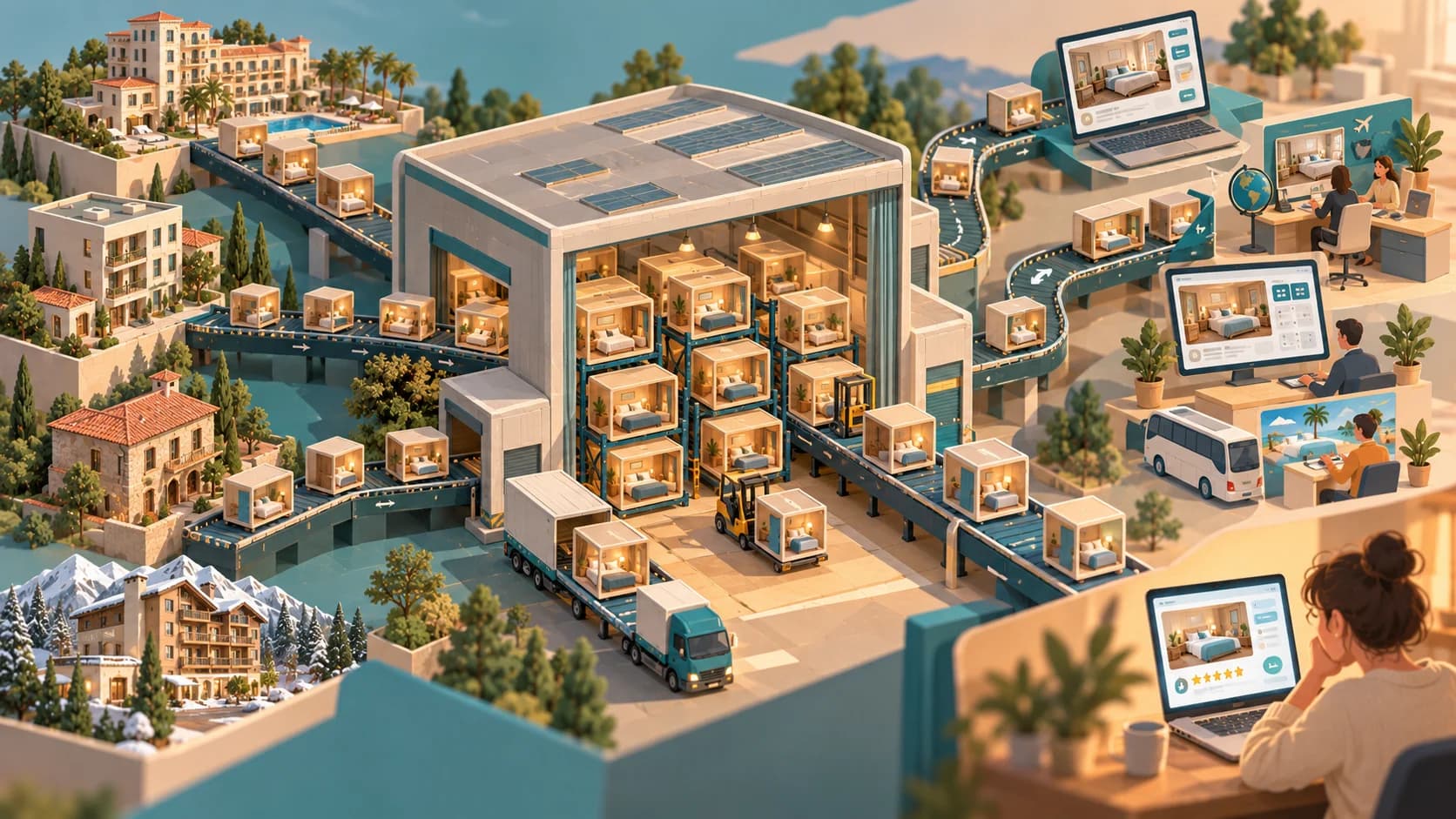 Camere provenienti da diversi hotel vengono raccolte in un grande centro di distribuzione e redistribuite verso piattaforme, agenzie e viaggiatori.