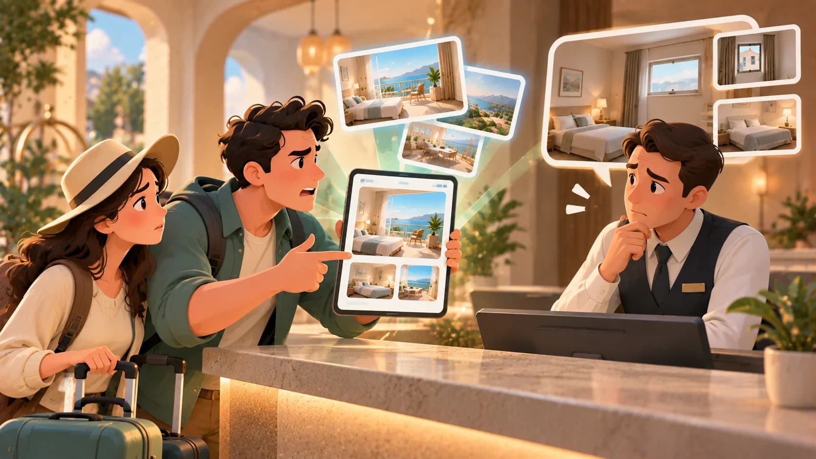 Illustrazione di una coppia alla reception di un hotel che mostra le foto della camera prenotata per segnalare che quella ricevuta è diversa.