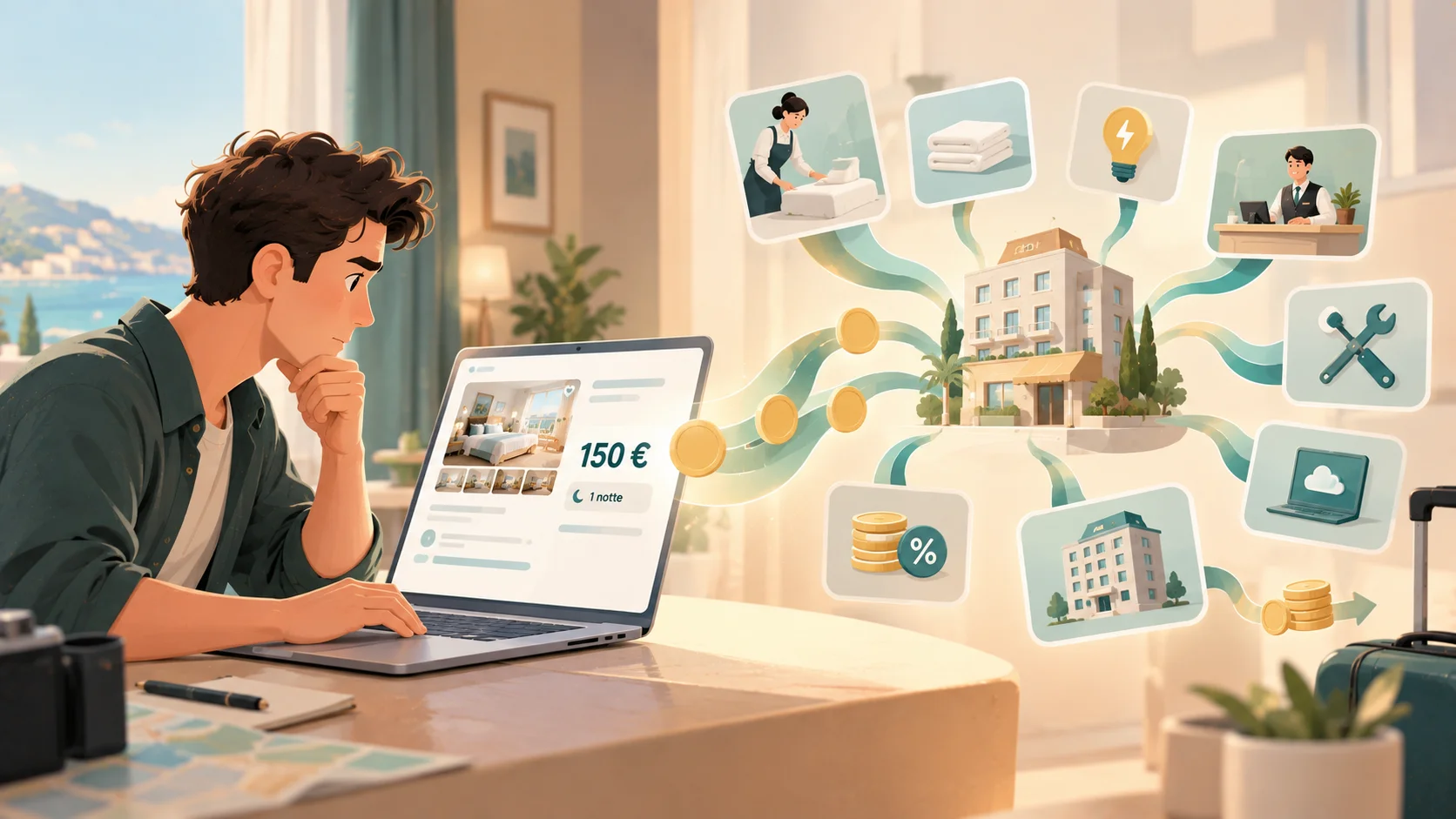 Illustrazione di un viaggiatore che osserva il prezzo di 150 euro per una notte in hotel e i diversi costi che si nascondono dietro quella cifra.