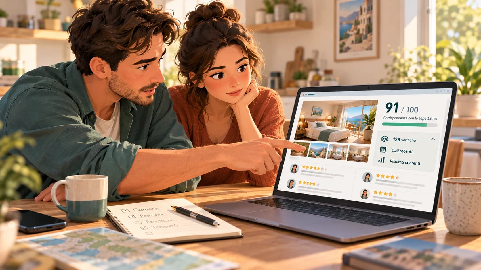 Illustrazione di due persone che confrontano un hotel al computer, esaminando un punteggio di corrispondenza con le aspettative e le informazioni che lo sostengono.
