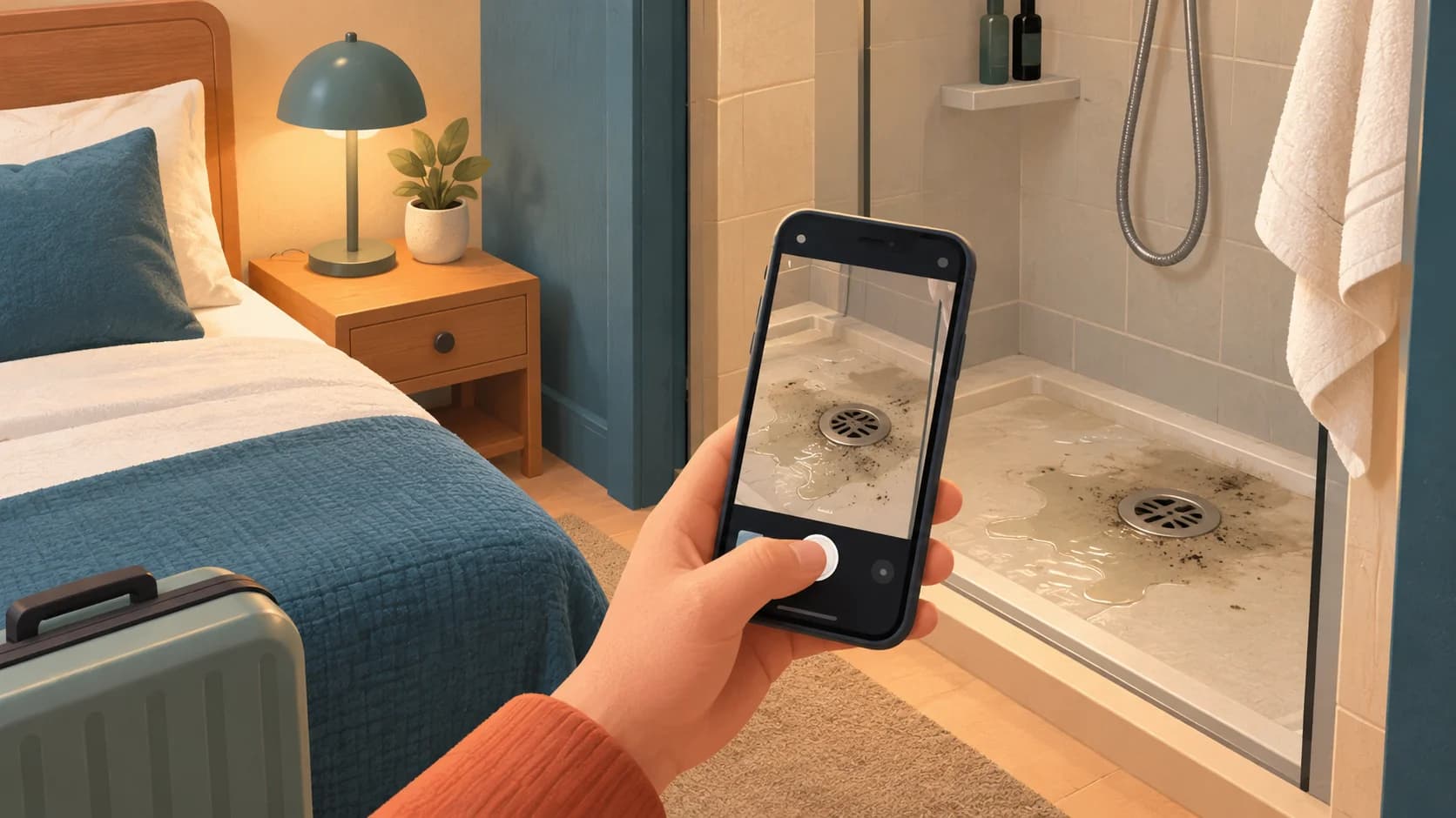 Ospite fotografa con lo smartphone una doccia sporca nella camera d'hotel.
