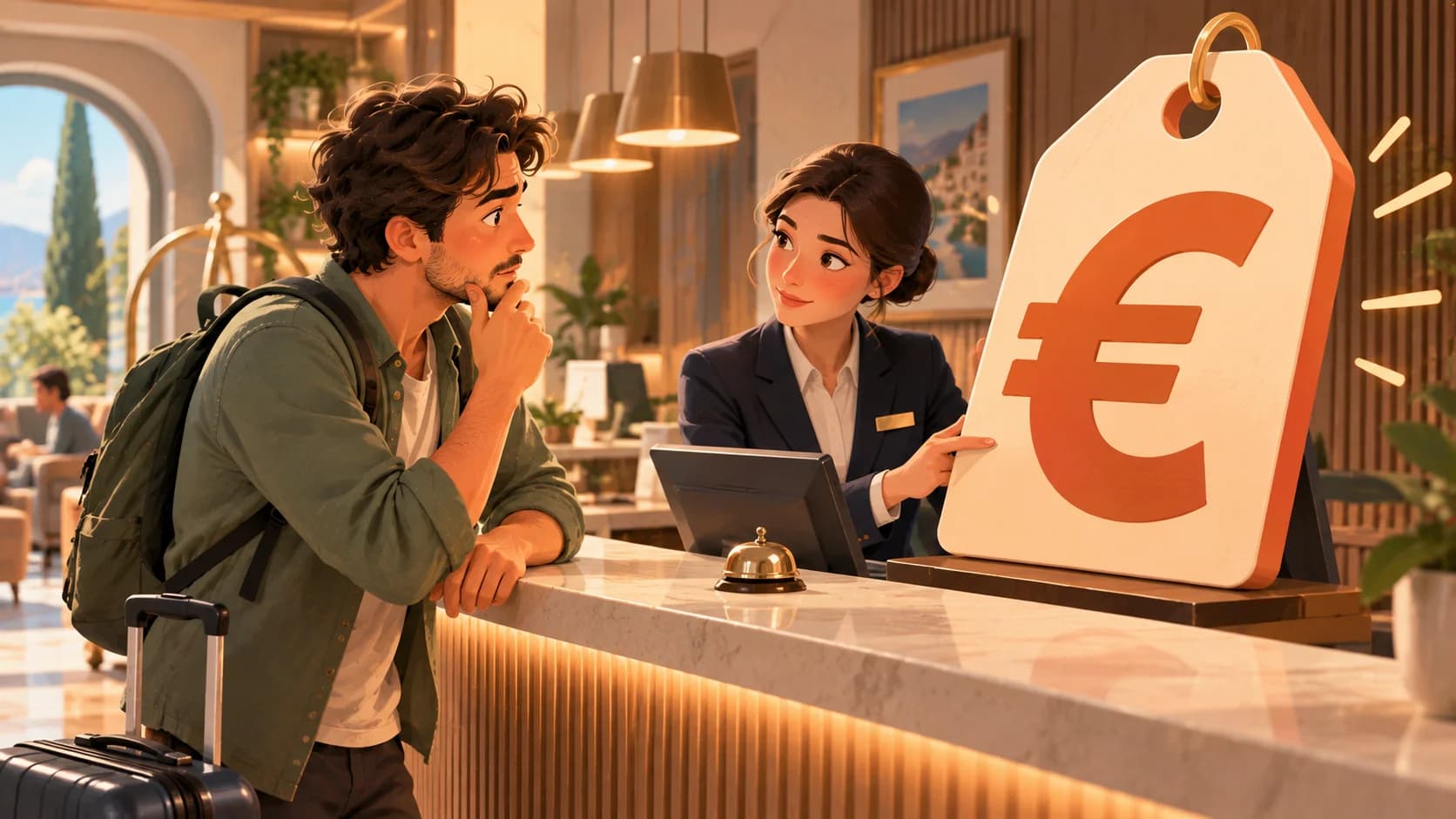 Illustrazione di un viaggiatore perplesso alla reception di un hotel, mentre una receptionist gli mostra un enorme cartellino con il simbolo dell’euro, a rappresentare l’aumento dei prezzi dei soggiorni.
