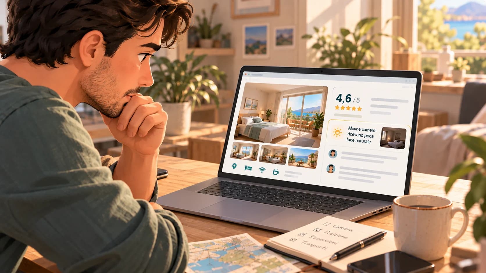 Illustrazione di una persona che valuta un hotel al computer, confrontando fotografie di camere luminose e una segnalazione sulla scarsa luce naturale di alcune sistemazioni.