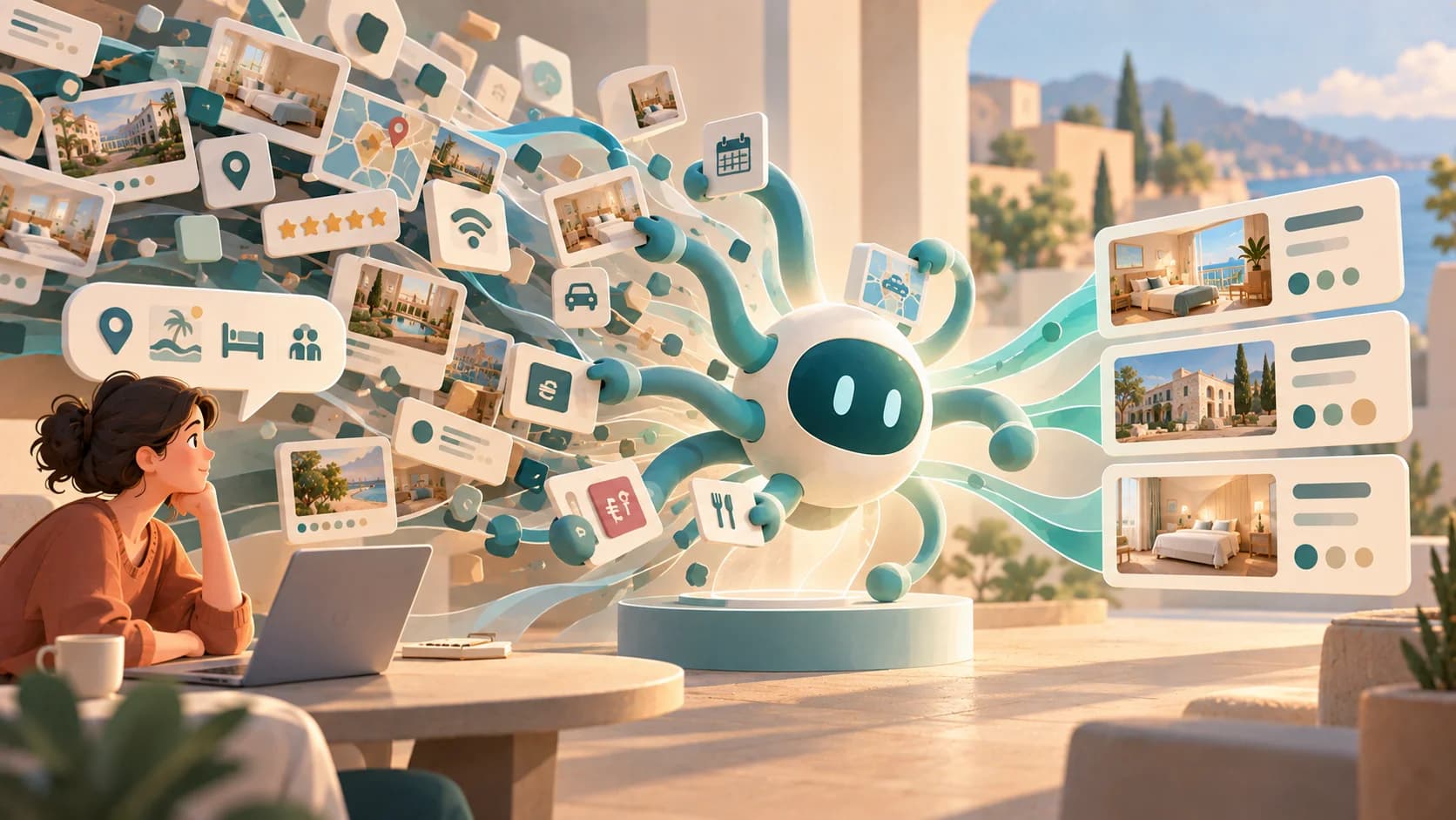 Illustrazione di un'intelligenza artificiale che analizza numerose informazioni sugli alloggi e le trasforma in poche alternative per una viaggiatrice.