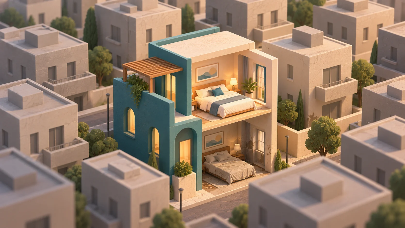 Una struttura distinta tra edifici uniformi mostra apertamente due versioni dello stesso ambiente, una curata e una più vissuta, rendendo visibile la distanza tra rappresentazione e realtà.