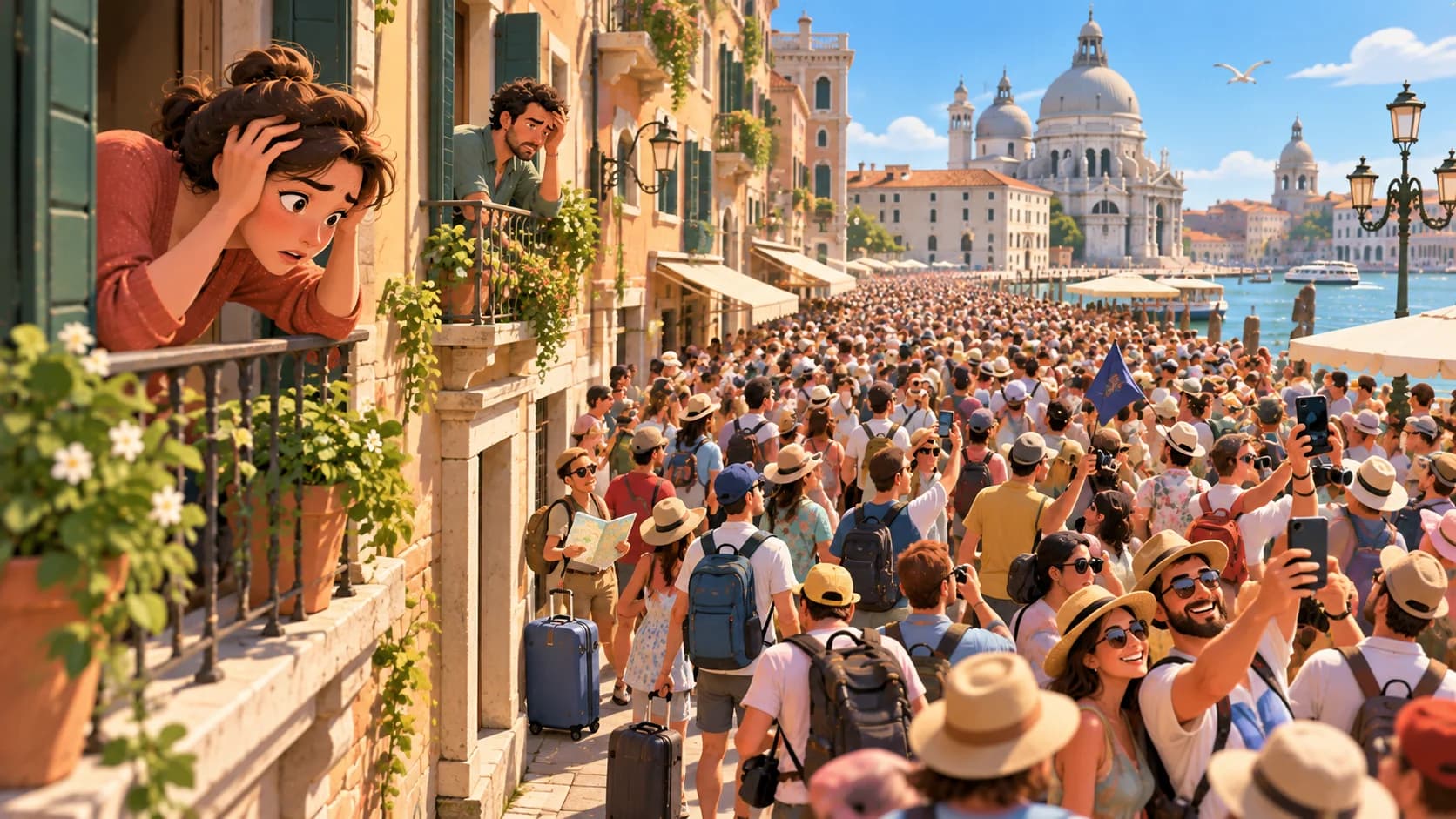 Illustrazione di Venezia invasa da una folla di turisti con smartphone e valigie, mentre due residenti esasperati osservano il sovraffollamento dai balconi.