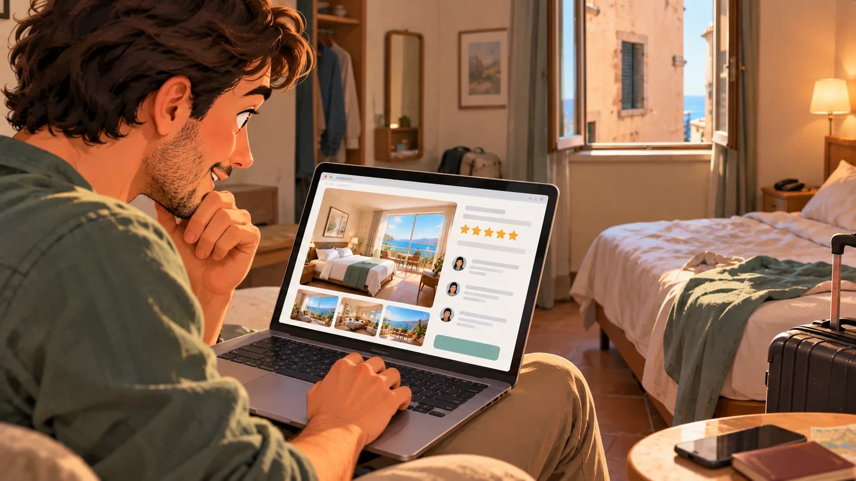 Illustrazione di un viaggiatore che osserva sul laptop le fotografie di una lussuosa camera d'hotel con vista mare, mentre si trova in una stanza più modesta.