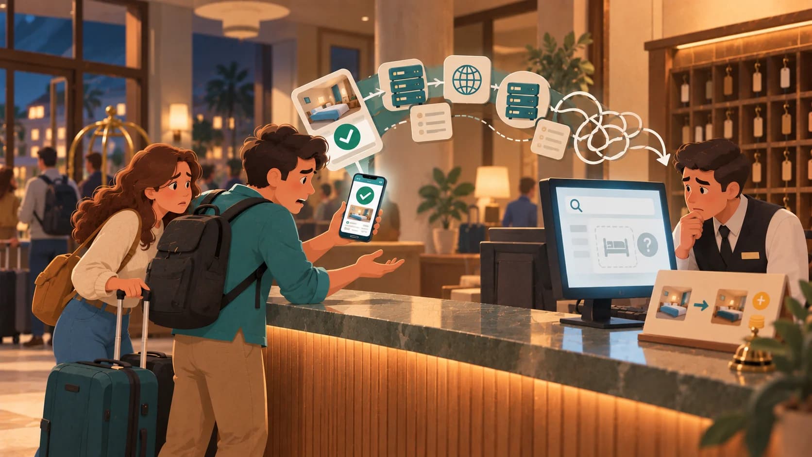 Una coppia con valigie mostra una prenotazione confermata alla reception di un hotel, mentre il receptionist non riesce a trovarla nel sistema.