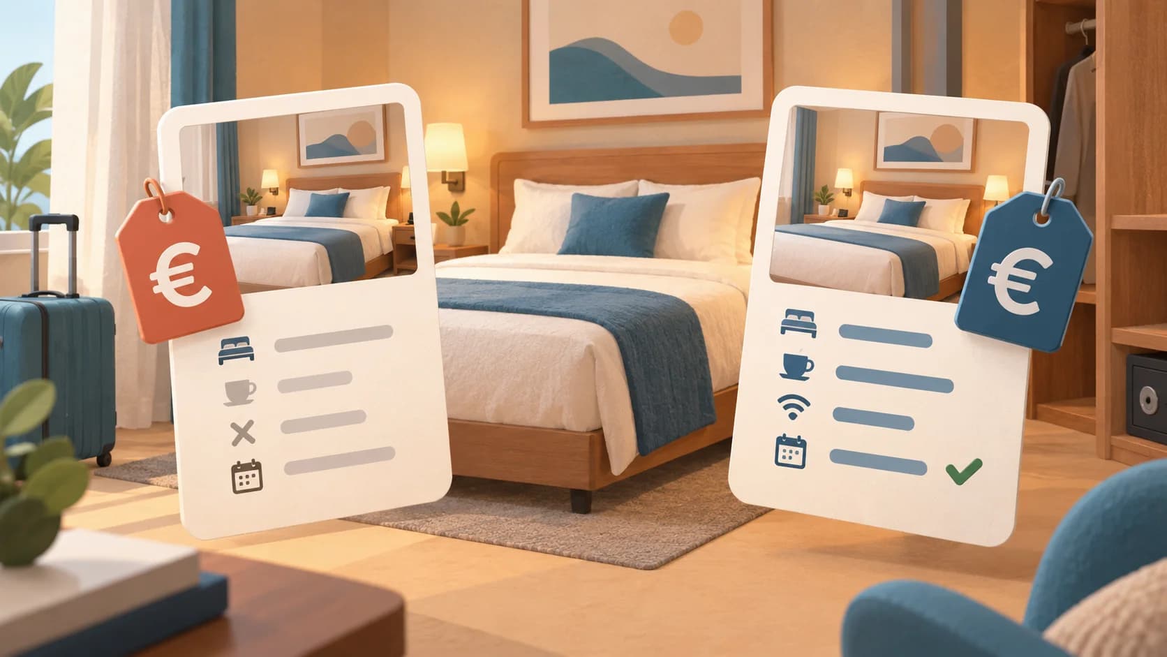 Due offerte con prezzi diversi affiancate alla stessa camera d’hotel.
