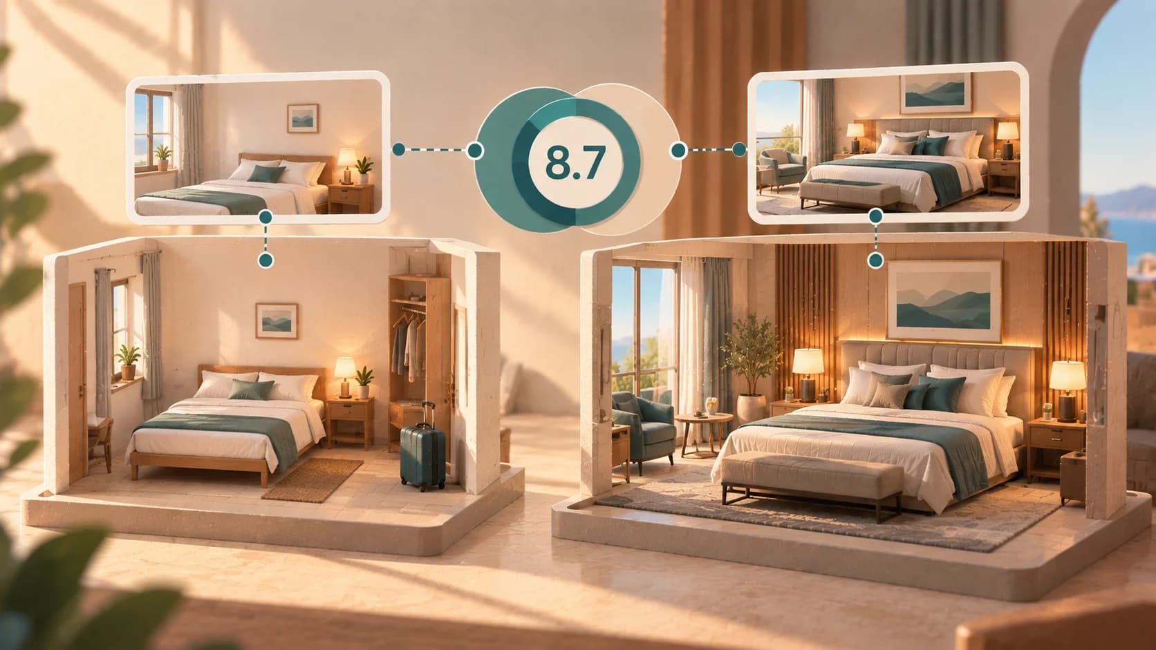 Due alloggi di livello diverso corrispondono entrambi alla propria rappresentazione, mostrando come il Reality Match misuri la distanza tra aspettativa e realtà e non la qualità assoluta.