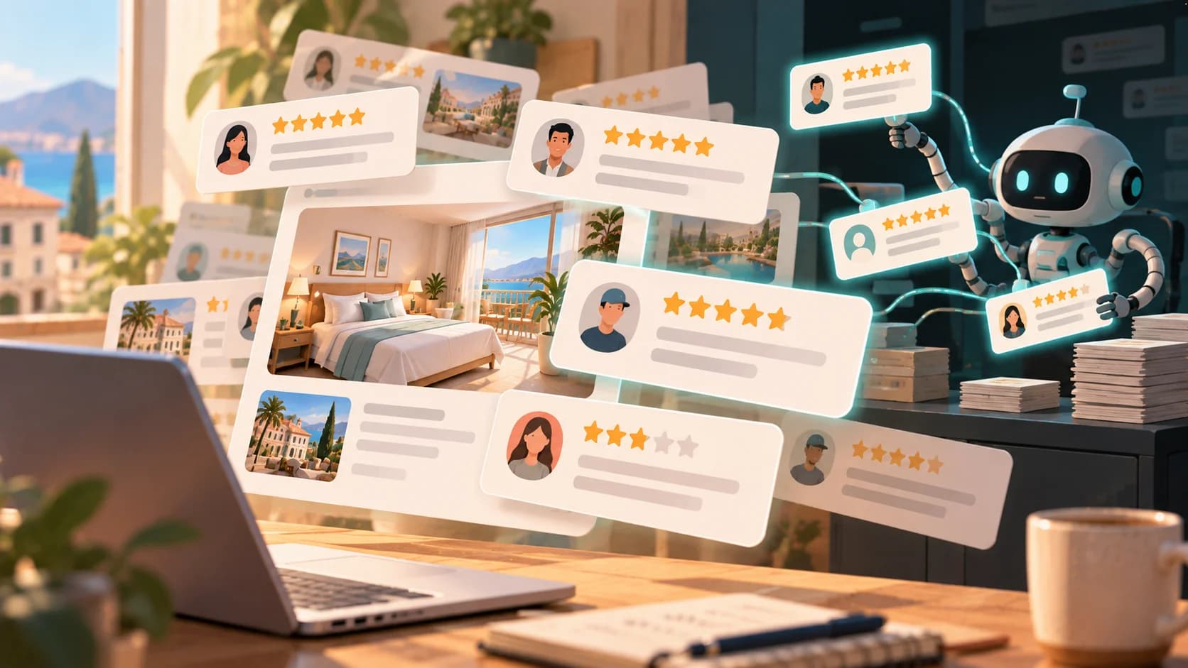 Illustrazione di recensioni alberghiere sospese, con valutazioni a stelle e fotografie di hotel, alcune collegate a un robot che genera giudizi artificiali.
