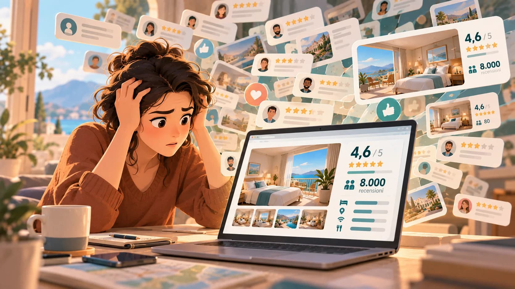 Illustrazione di una viaggiatrice che confronta un hotel online con una valutazione di 4,6 su 5 e migliaia di recensioni.