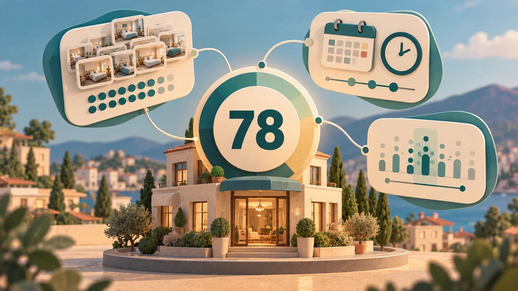 Illustrazione di un alloggio con il Reality Match al centro, accompagnato da tre indicatori che rappresentano solidità del campione, recenza e coerenza delle esperienze.