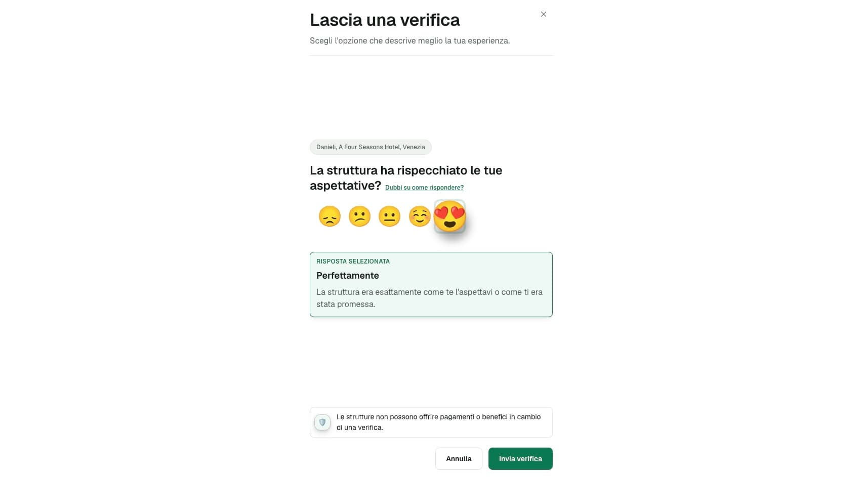 Modale di Trustimmo con le cinque opzioni per lasciare una verifica