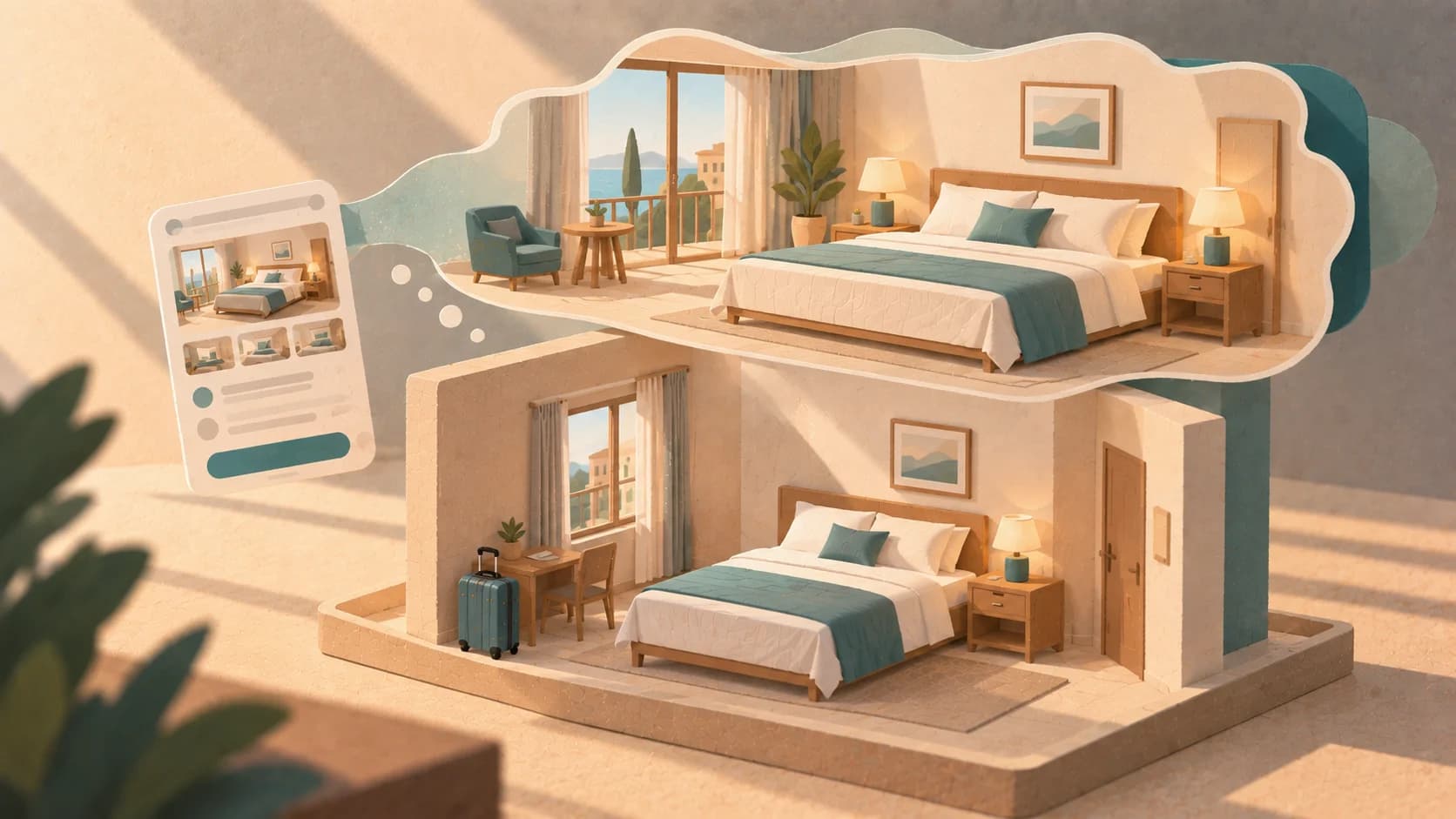 Una camera d’hotel appare in due versioni sovrapposte e leggermente diverse, rappresentando il confronto tra ciò che immaginiamo prima di un viaggio e l’esperienza reale del soggiorno.