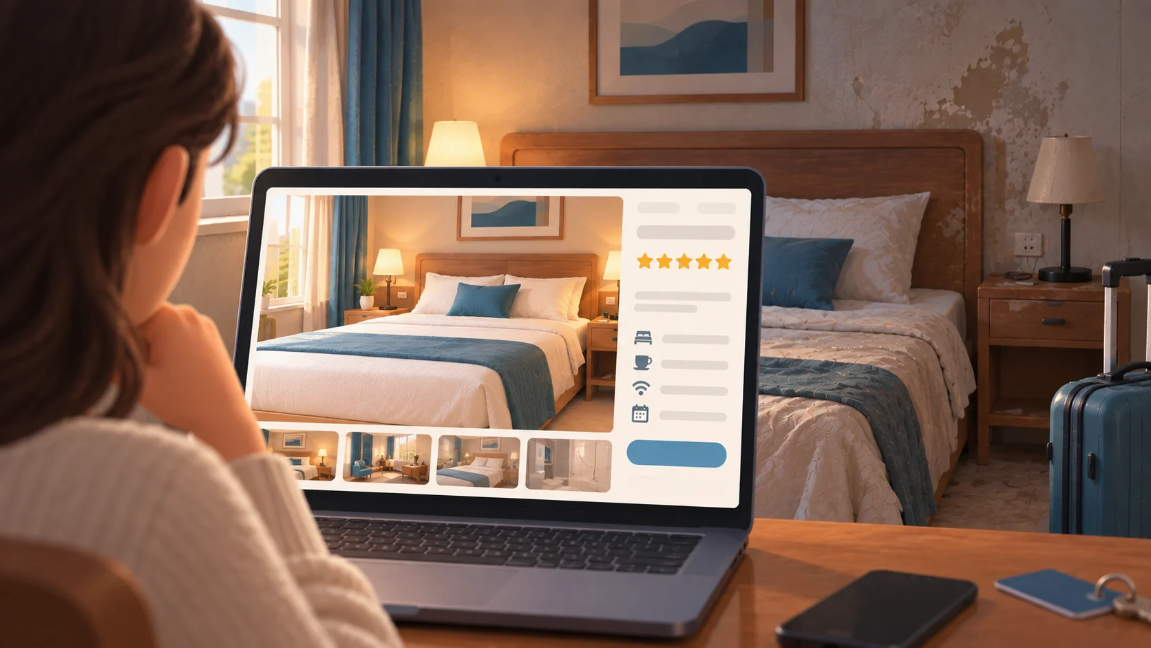 Un viaggiatore guarda sul laptop una versione luminosa e curata a cinque stelle della camera d'hotel in cui si trova, mentre gli stessi arredi continuano oltre lo schermo nella loro versione reale, più vecchia e trascurata.