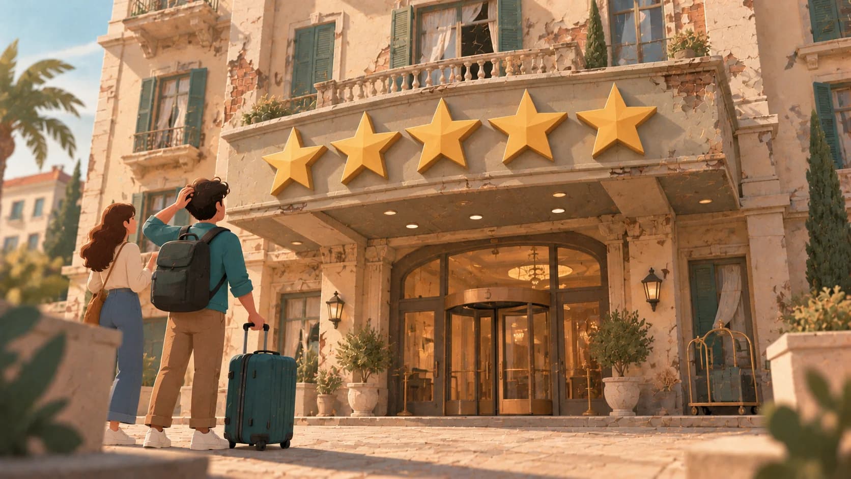 Una coppia appena arrivata osserva perplessa la facciata deteriorata di un hotel, sopra il cui ingresso spiccano cinque grandi stelle dorate.